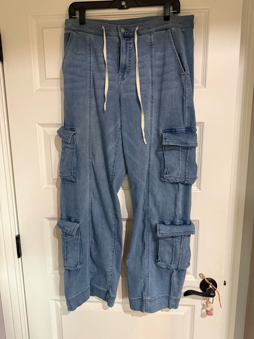 Light Blue Wide-Leg Cargo Jeans with Drawstring Waist